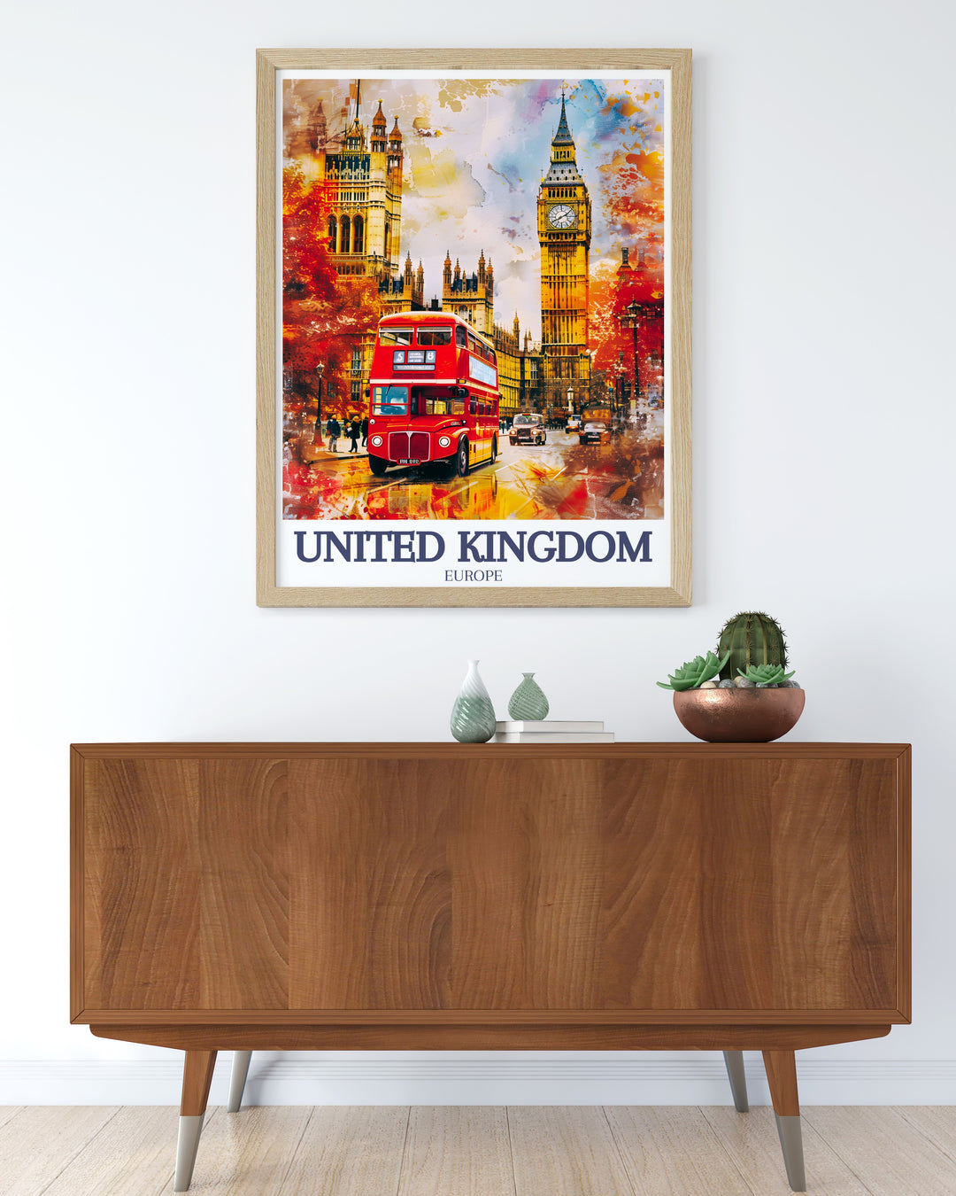 This vintage style poster of Londons Big Ben and Houses of Parliament is perfect for anyone looking to add a touch of the United Kingdoms historical charm to their space. A beautiful representation of Englands most famous landmarks.