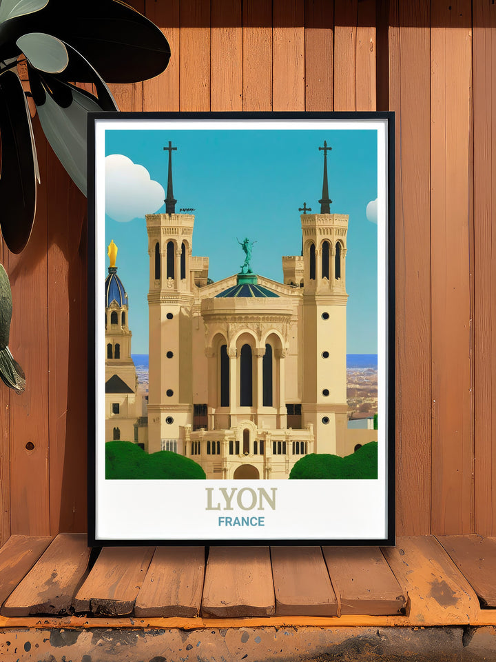 Basilica of Notre Dame de Fourvière Travel Print showcasing the stunning architecture and rich history of Lyons most famous landmark, surrounded by the scenic beauty of the city. Perfect for those who love French culture and heritage.