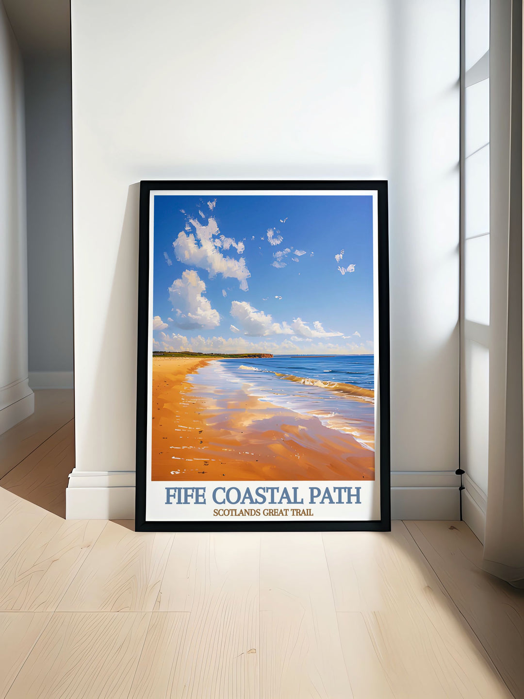 The serene coastal trail and historic harbor of the Fife Coastal Path are beautifully illustrated in this poster, highlighting the natural beauty of Scotland, perfect for your home decor.