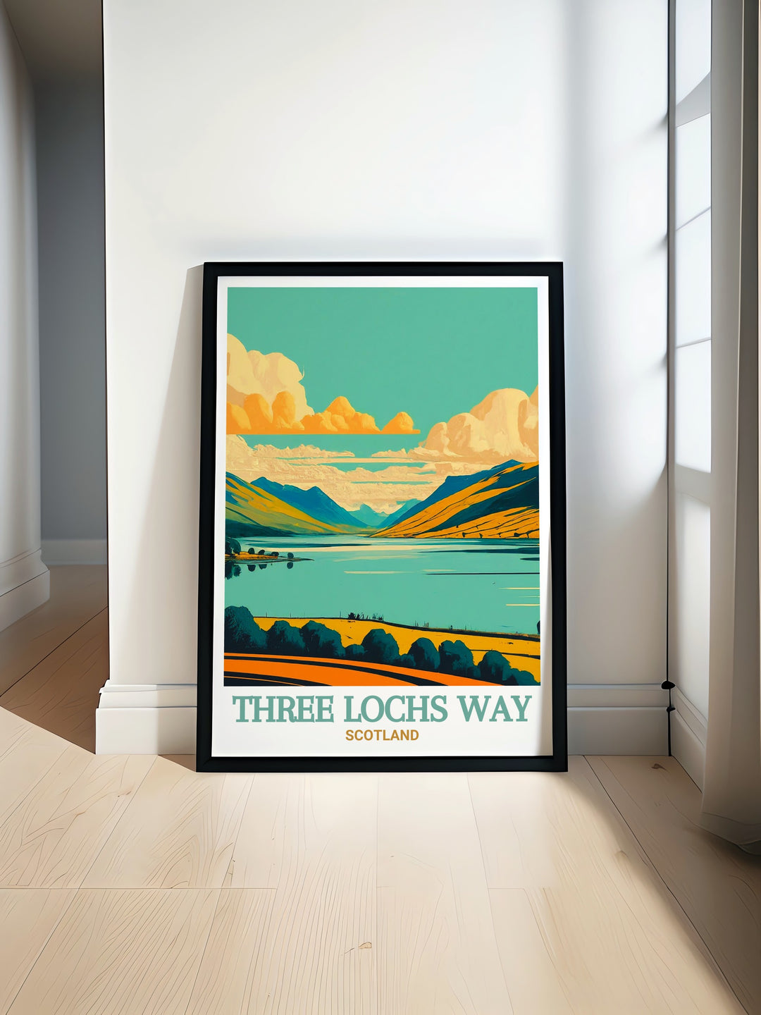 This Three Lochs Way travel poster offers a serene glimpse into Scotlands most famous hiking trail, featuring Loch Long and the surrounding Scottish Highlands. Its a beautiful addition to any space and makes a thoughtful gift for hikers and adventurers alike.