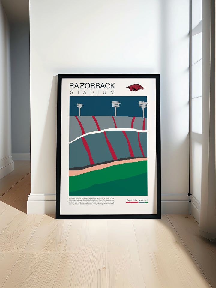 Bring home the thrill of Razorbacks football with this vibrant Arkansas Razorbacks Print showcasing Razorback Stadium perfect for college dorm decor and Fathers Day gifts ideal for any Razorbacks fan and college football enthusiast