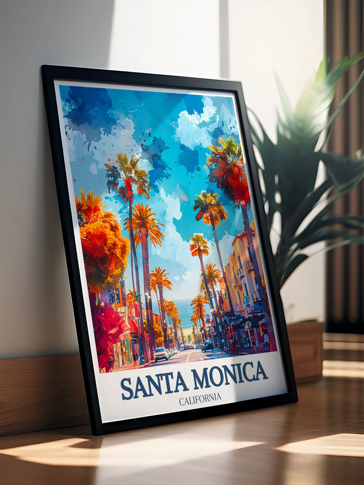 A detailed travel print of Santa Monica Pier, showcasing its iconic landmarks, lively entertainment, and nostalgic atmosphere, perfect for adding coastal charm to any room.