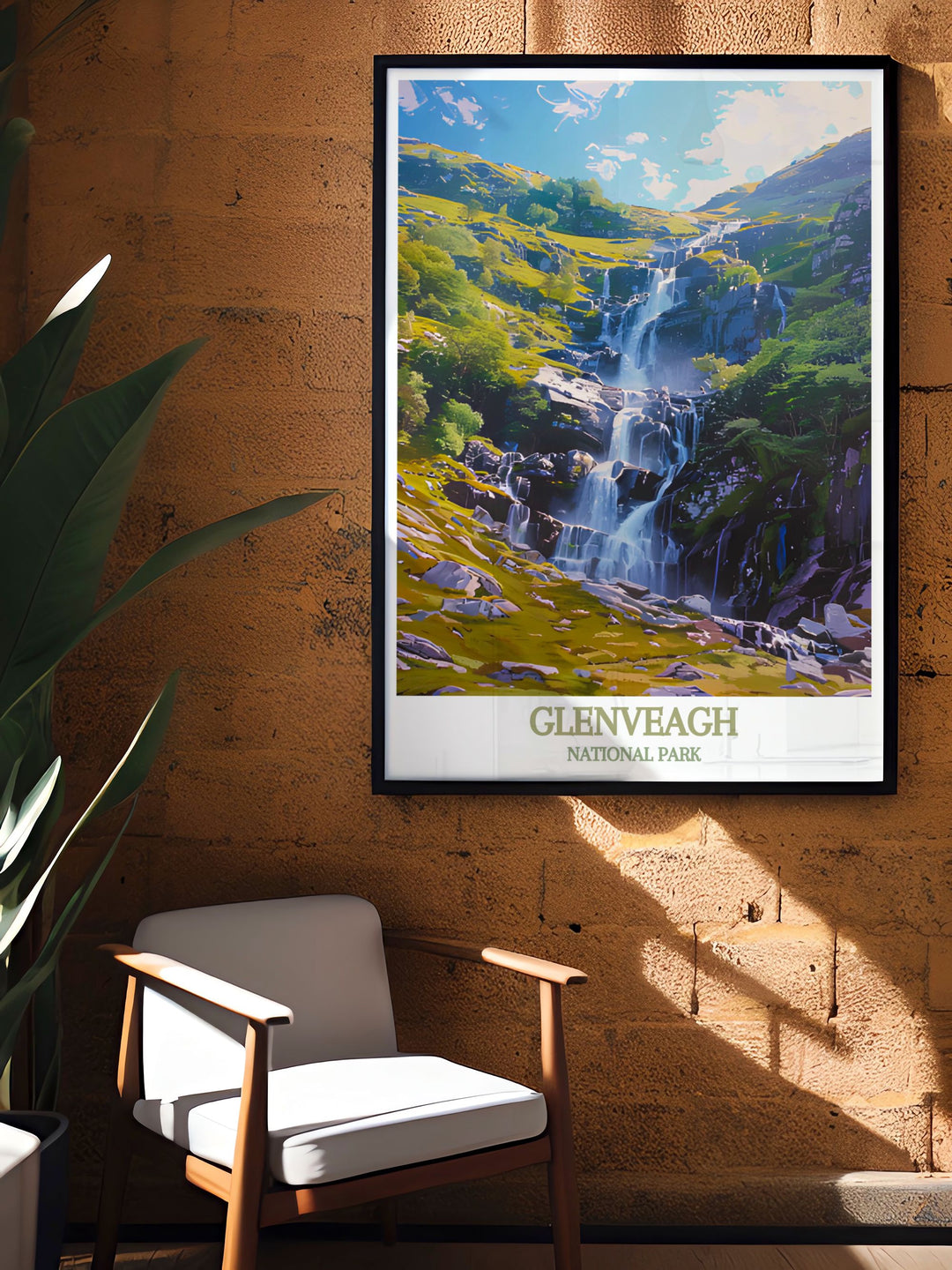 Custom print of Glenveagh Waterfall, illustrating its natural beauty and serene surroundings, ideal for those who appreciate the blend of history and nature.