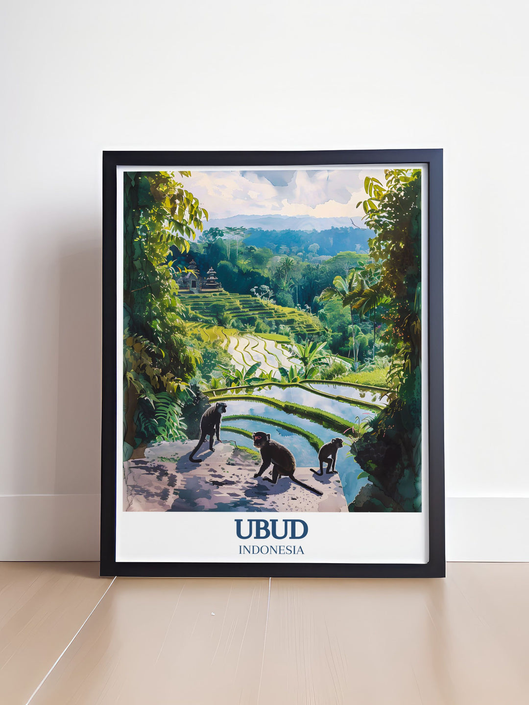 This Bali travel print features the stunning Tegalalang Rice Terrace in Ubud, paired with the Sacred Monkey Forest. Its a perfect piece of Bali wall art for anyone who loves tropical landscapes and serene scenes, adding a peaceful vibe to your home décor.