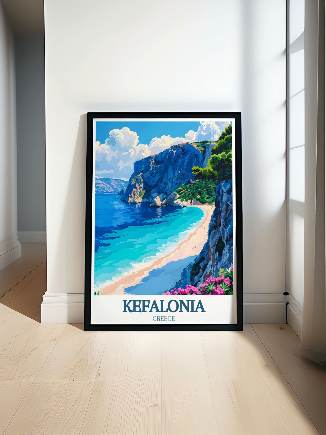 A vibrant travel print featuring Myrtos Beach, emphasizing its pristine beauty and tranquil ambiance. The colorful illustration celebrates the natural splendor and iconic status of this famous beach.