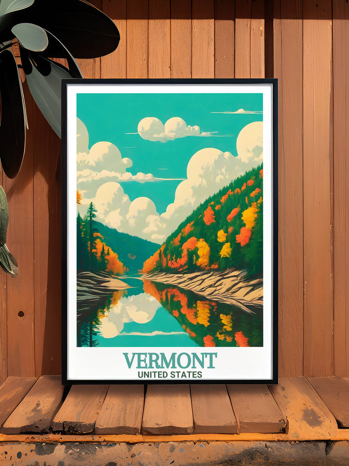 Vermont Ski Print and Quechee Gorge Modern Art are perfect for creating stunning living room decor. This print features Vermonts famous ski areas and natural wonders making it ideal for adventure lovers and outdoor enthusiasts.