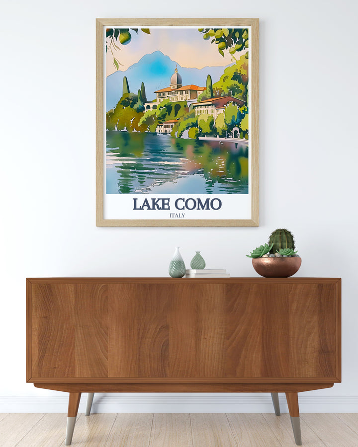 Lake Como Wall Decor featuring Villa del Balbianello and Rhaetian Alps perfect for adding a touch of Italy to your home this print captures the serene landscape of Lake Como ideal for creating a relaxing and sophisticated environment