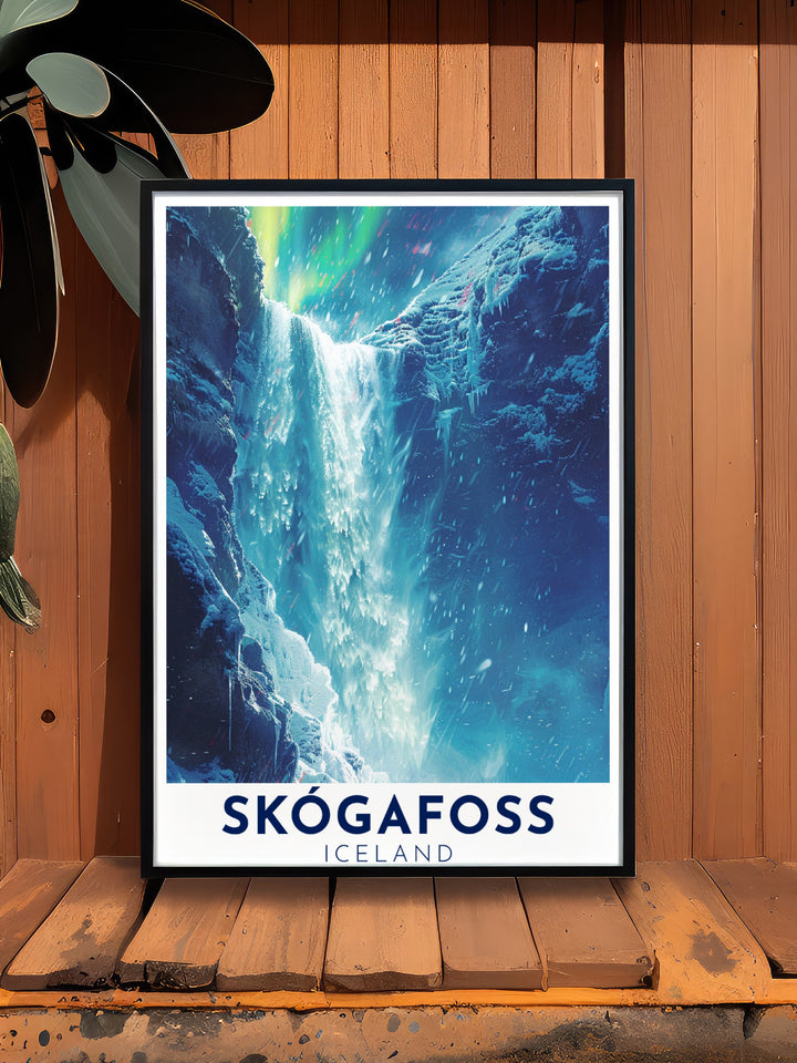 Beautifully designed Skogafoss Waterfall Poster showcasing the dramatic power of one of Icelands famed waterfalls ideal for those who have visited the Golden Circle or dream of Icelandic adventures adding a sophisticated touch to your space as part of Waterfall Artwork and Modern Art