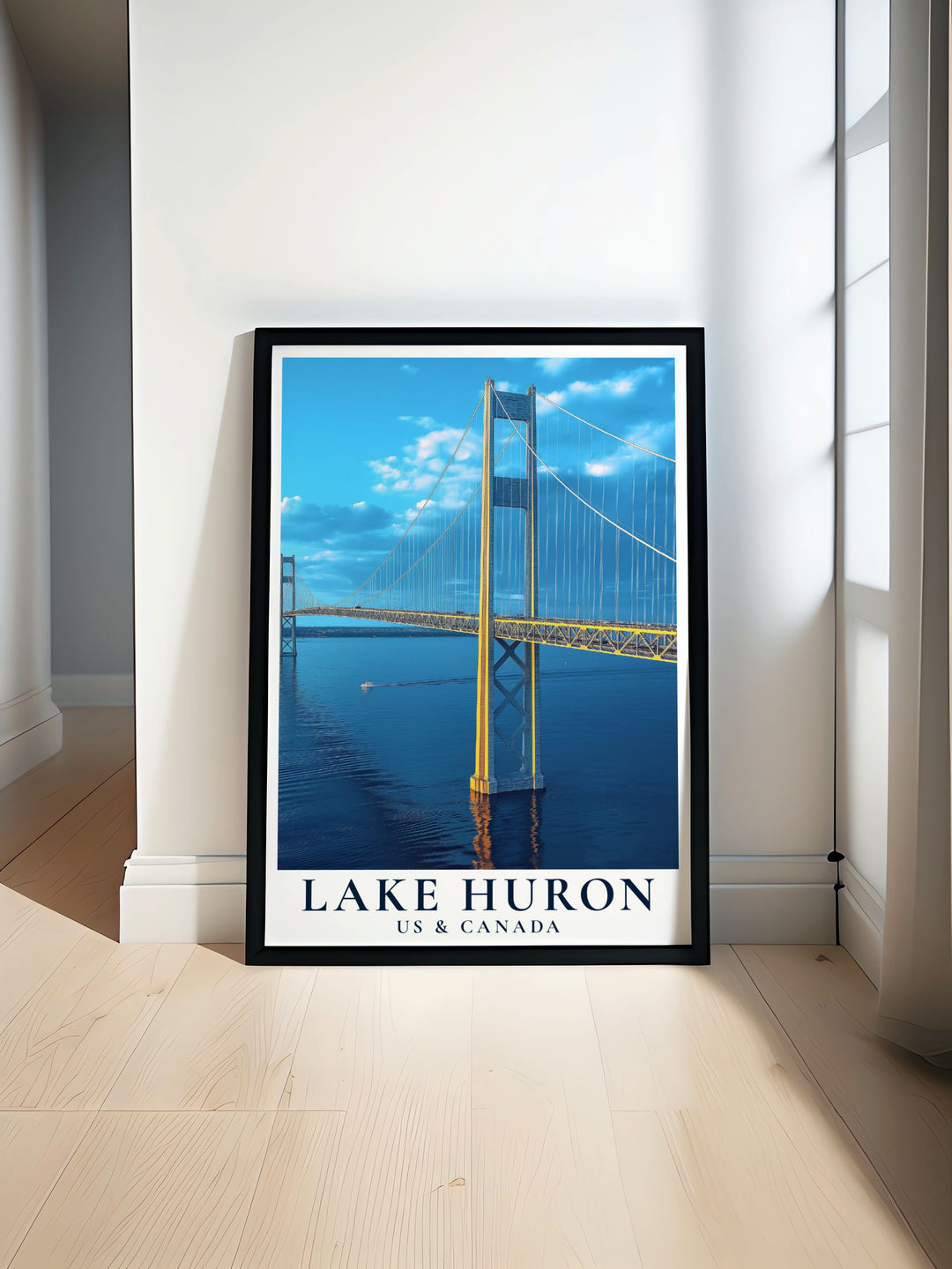 Experience the serene beauty of Lake Huron and the iconic Mackinac Bridge with this stunning poster. Perfect for enhancing any living space this digital download offers a captivating depiction of natural and architectural splendor