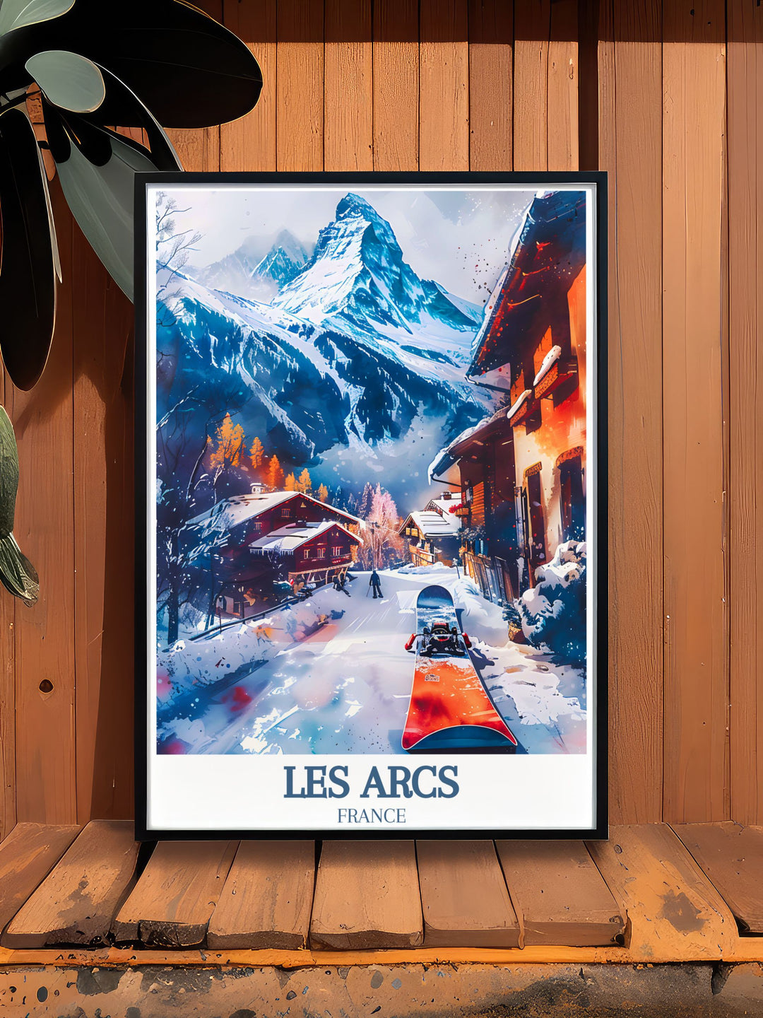 Paradiski ski area Les Arcs Ski resort Mont Blanc poster highlighting dynamic snowboarding scenes perfect for bringing the excitement of the French Alps into your living space and wall art collection