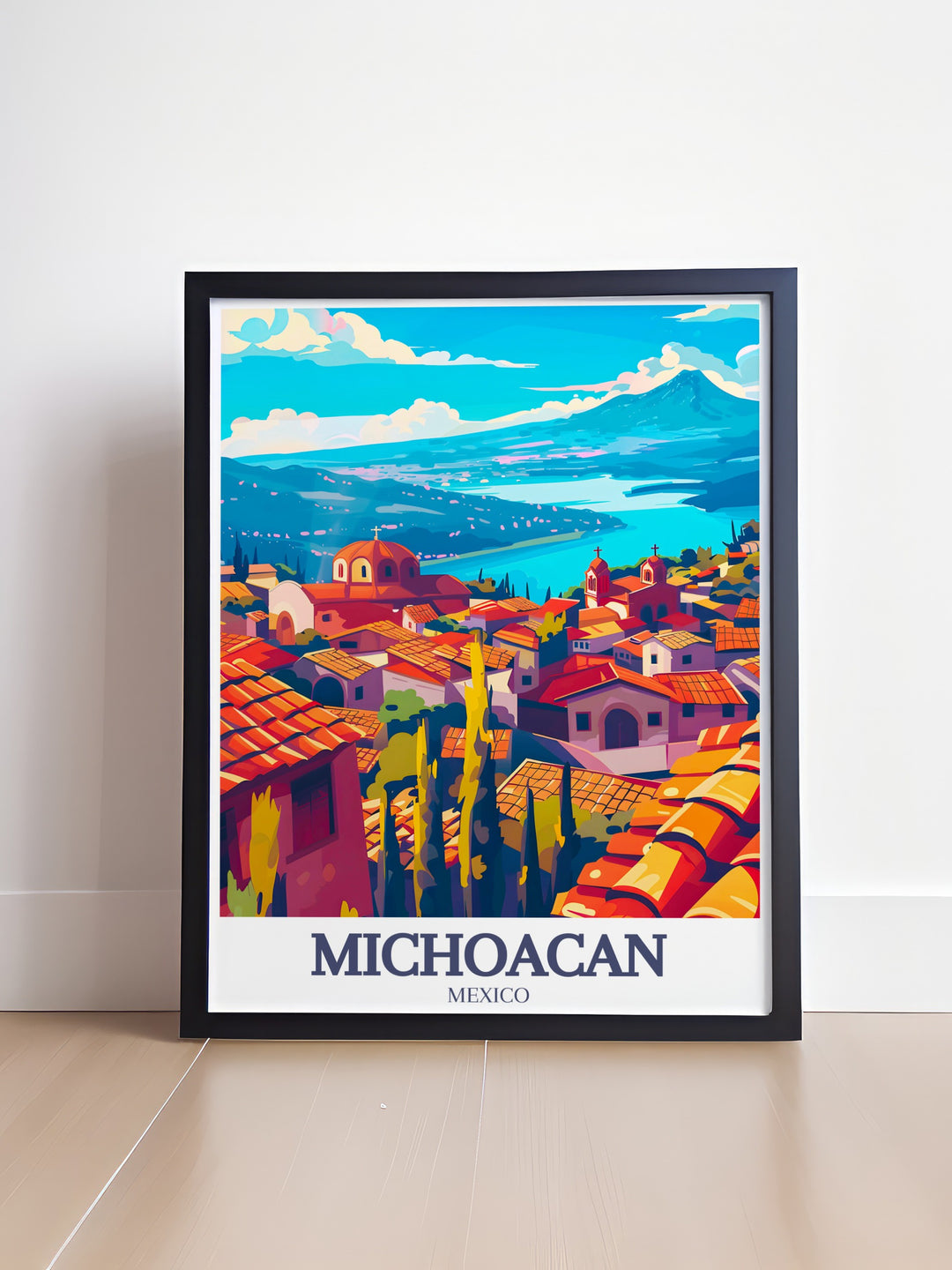 This Michoacán art print highlights the stunning Paricutín Volcano and serene Patzcuaro Lake. With its bright color palette and vintage style, this travel poster offers a unique blend of natural beauty and cultural significance, perfect for enhancing your home or office décor.