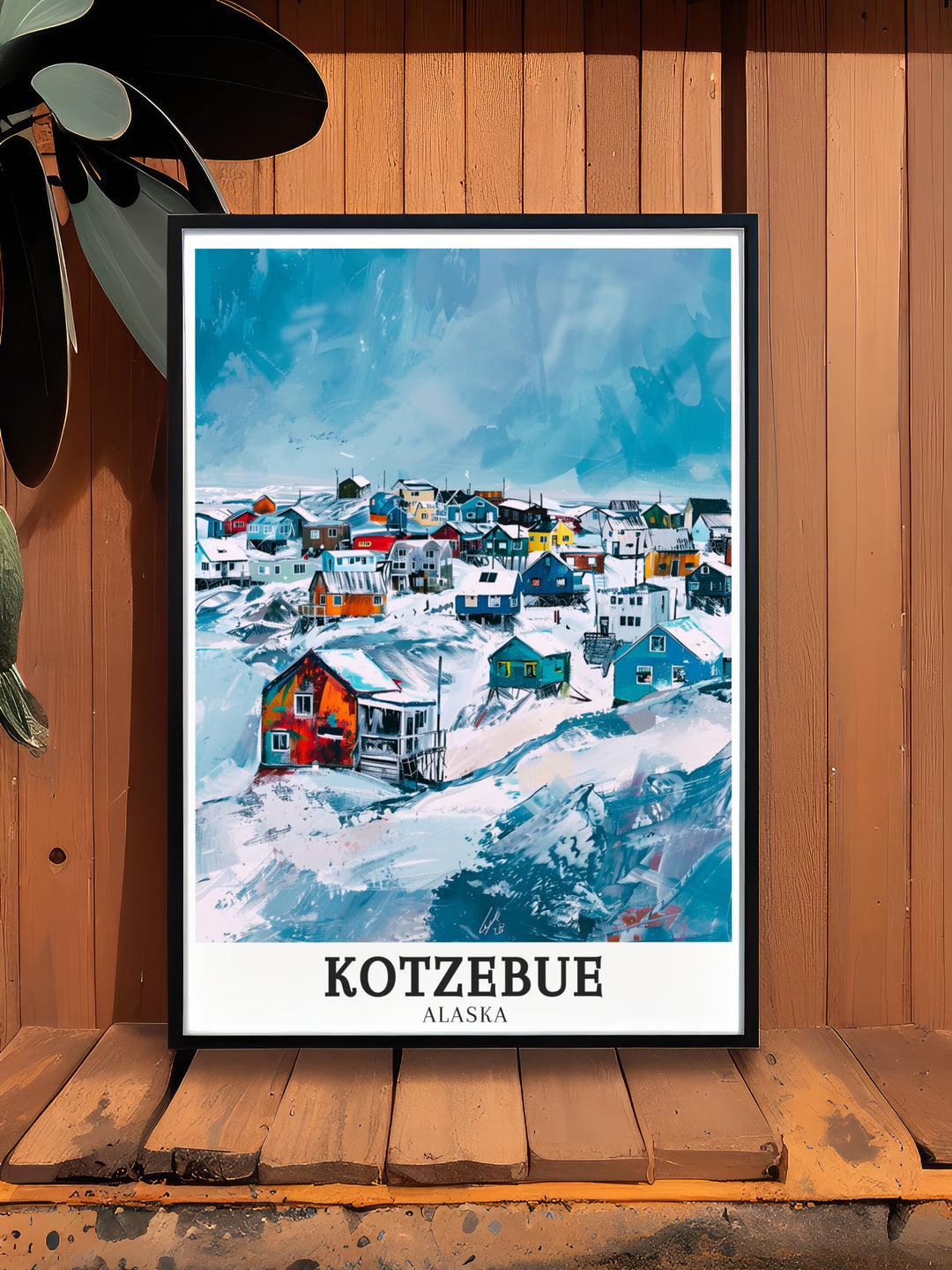 A detailed poster of Kotzebue Alaska highlighting the towns rich cultural heritage and unique location on the Baldwin Peninsula offering a glimpse into the life and history of this remote Arctic community a perfect addition to any Alaskan themed decor