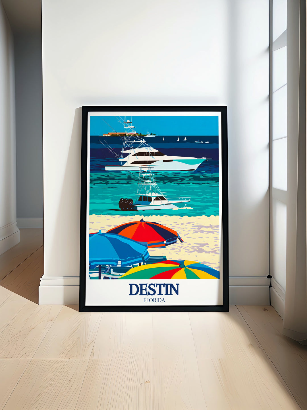 Destin Beach Florida travel print capturing the stunning beauty of the Emerald Coast. This wall art features the iconic Destin Harbor, with its emerald waters and vibrant atmosphere, perfect for coastal decor. Ideal for beach lovers and those dreaming of their next seaside escape.