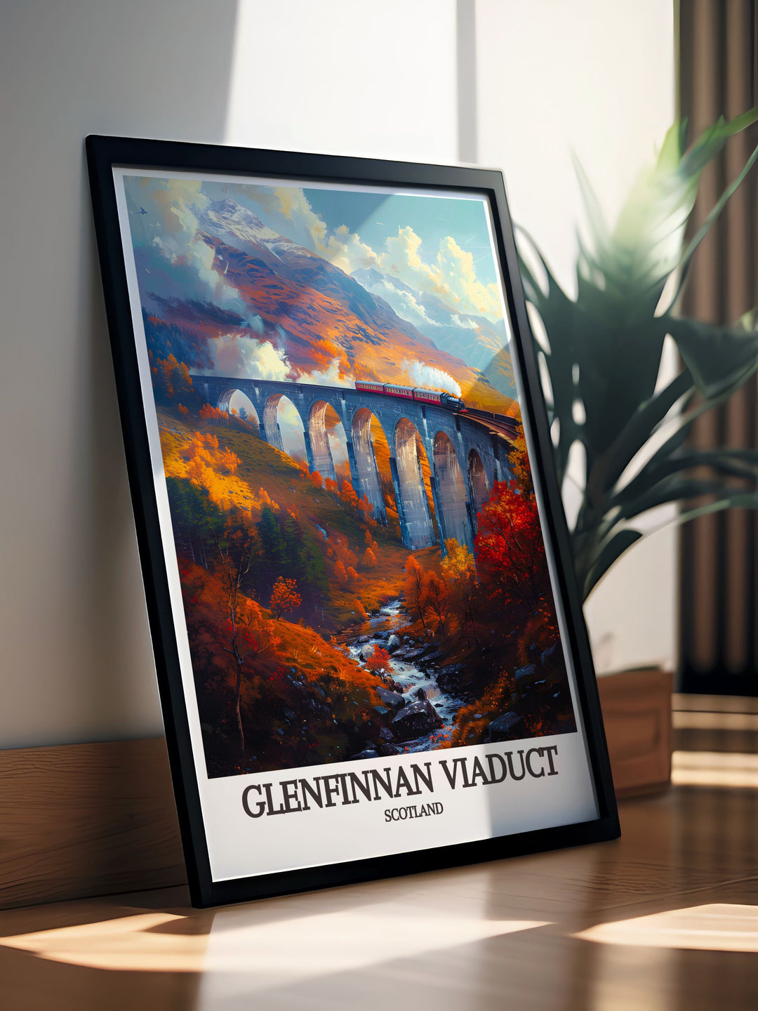 Vintage travel poster of the Glenfinnan Viaduct, featuring the iconic railway bridge and the lush landscapes of the Scottish Highlands, perfect for adding a nostalgic touch to your decor.