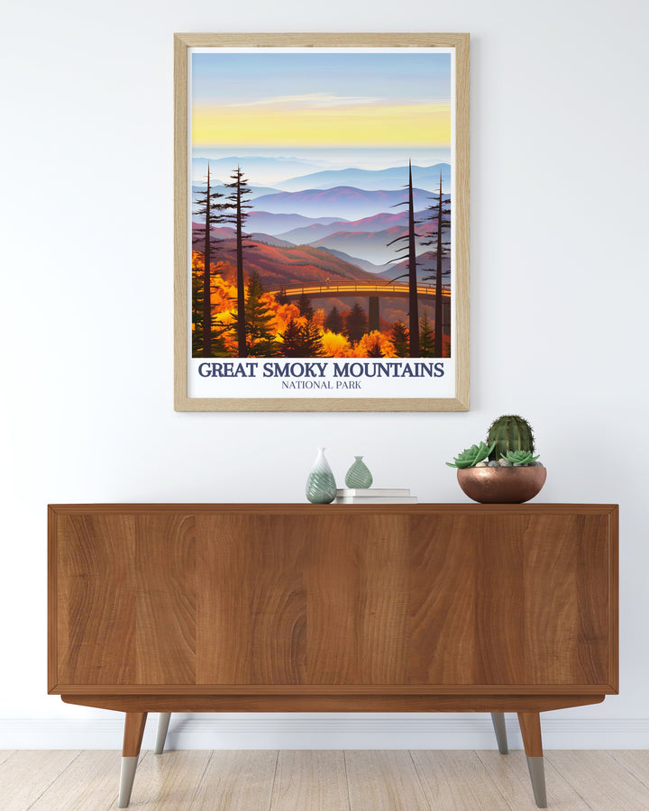 This Great Smoky Mountains poster print showcases the breathtaking beauty of the Smokies, featuring Clingmans Dome and the serene mountain range. A perfect addition to home décor, this artwork captures the essence of Tennessees national park.