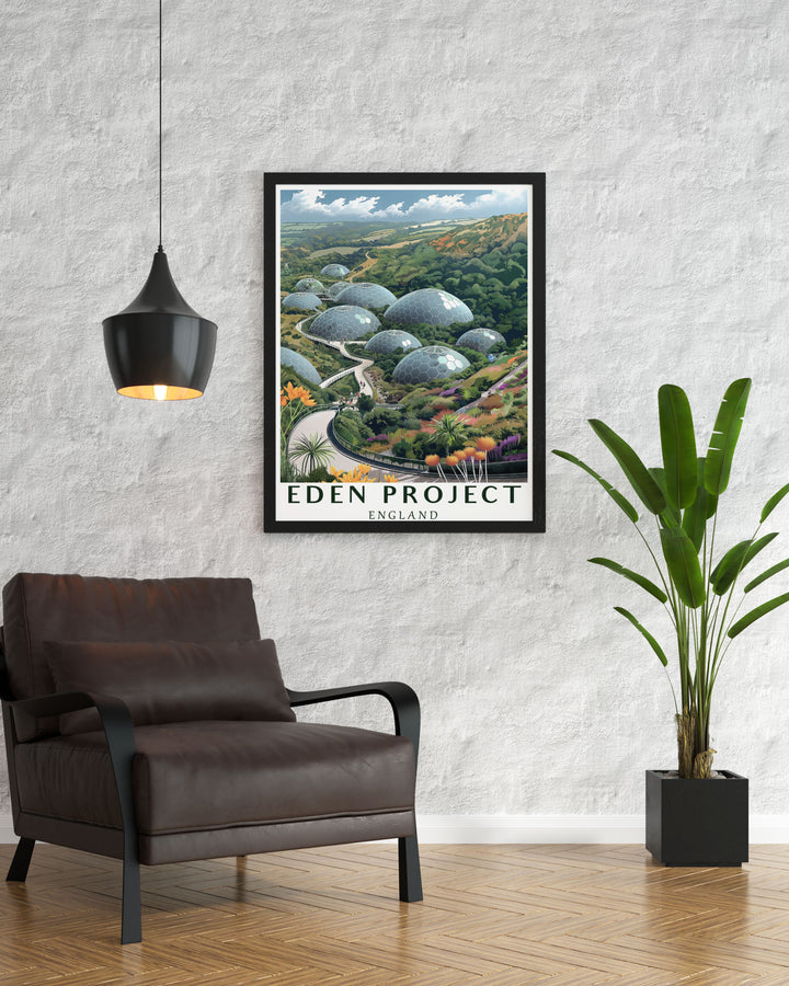 Eden Project travel poster showcasing the breathtaking biodomes and lush greenery of the iconic Cornwall attraction a perfect gift for garden enthusiasts and travelers bring the beauty of Eden Project into your home with this stunning poster.