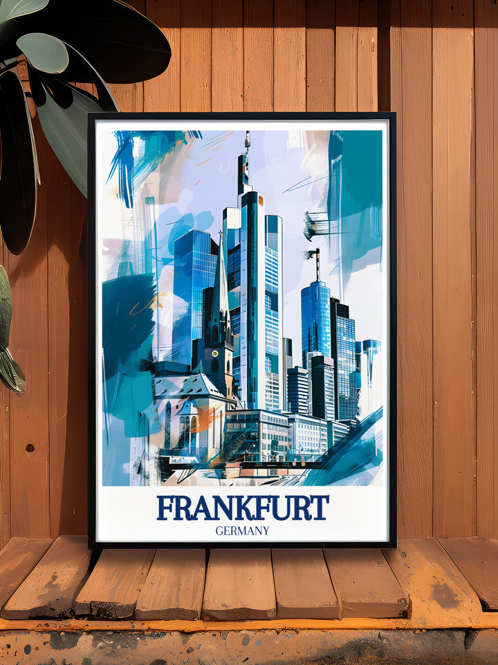 A detailed framed art print of Frankfurt am Main, Germany, highlighting the citys blend of historical and modern architecture. This wall art captures the unique character of Frankfurt, from its ancient Römer to its cutting edge skyscrapers. The artworks vibrant colors and intricate details make it a focal point in any room. Ideal for those who appreciate the cultural richness and architectural diversity of Germany, this print is a must have for any decor.