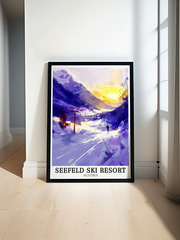 Seefeld Ski Resort Poster Print showcasing the Karwendel mountains and Bergbahnen Rosshutte ski area. Perfect wall art for winter sports enthusiasts who love skiing and snowboarding in the Austrian Alps.