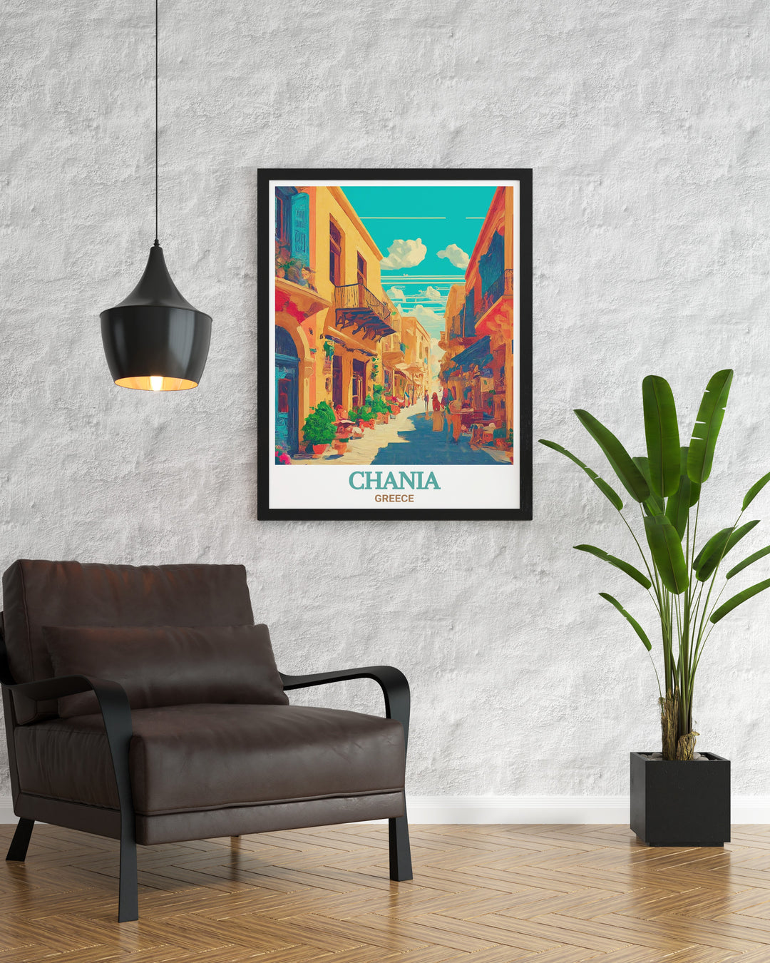 Immerse yourself in the scenic beauty of Chania with this travel poster, featuring the historic Old Town and the sparkling Mediterranean Sea. Perfect for those who dream of Greek island escapes.