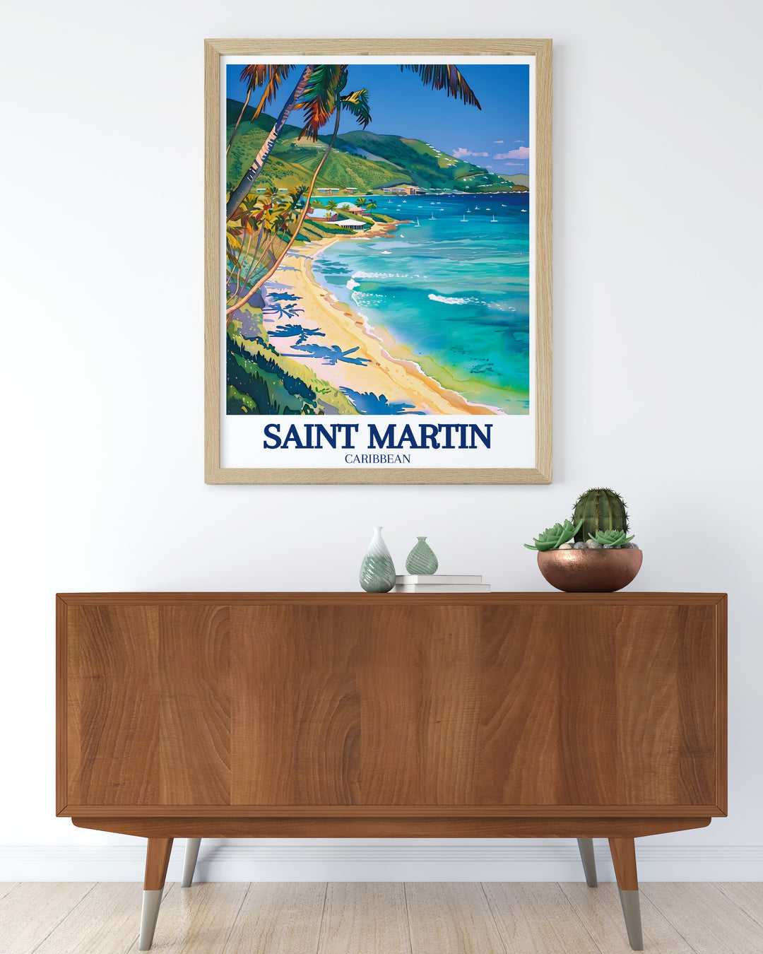 A stunning travel poster featuring the serene beauty of Saint Martins Cul de Sac Bay and Anse Marcel Beach, this artwork captures the tranquility and allure of the Caribbean. Perfect for tropical décor or gifting to someone who loves island getaways and beach escapes.