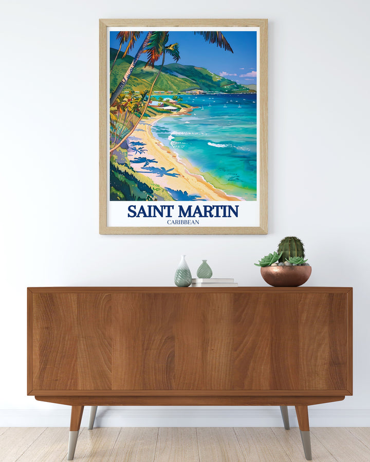 A stunning travel poster featuring the serene beauty of Saint Martins Cul de Sac Bay and Anse Marcel Beach, this artwork captures the tranquility and allure of the Caribbean. Perfect for tropical décor or gifting to someone who loves island getaways and beach escapes.