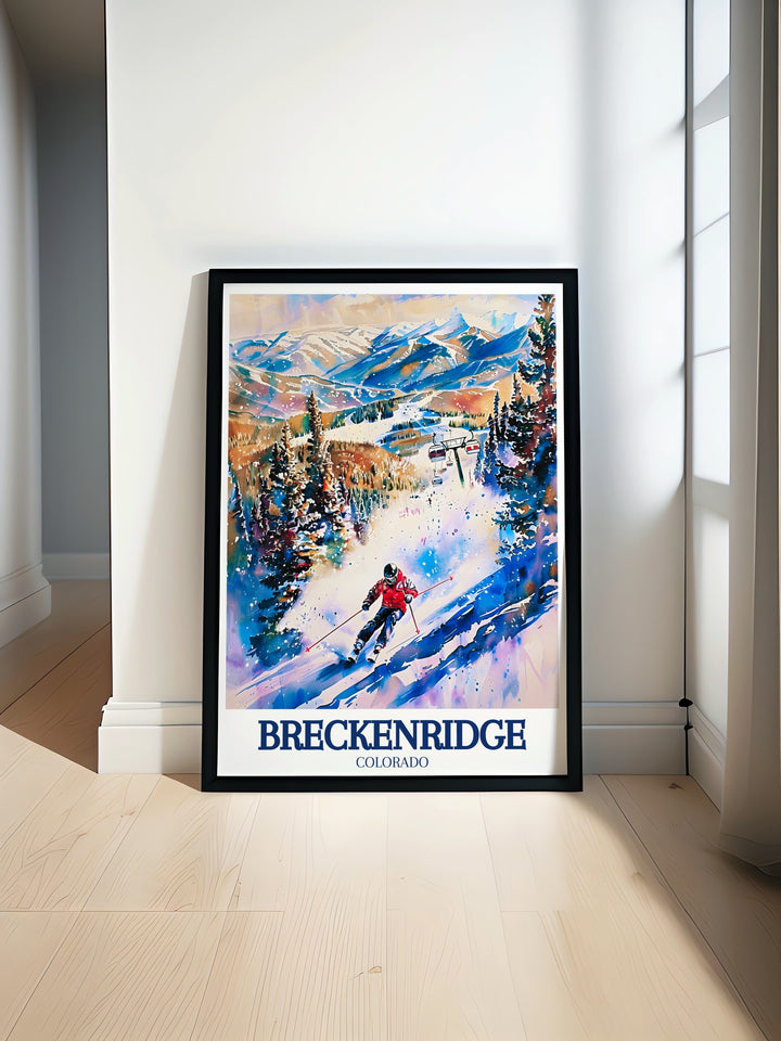 Breckenridge travel print captures the essence of winter sports at Breckenridge Ski Resort, with its challenging slopes and breathtaking landscapes. This wall poster is perfect for skiers, snowboarders, and outdoor enthusiasts alike.