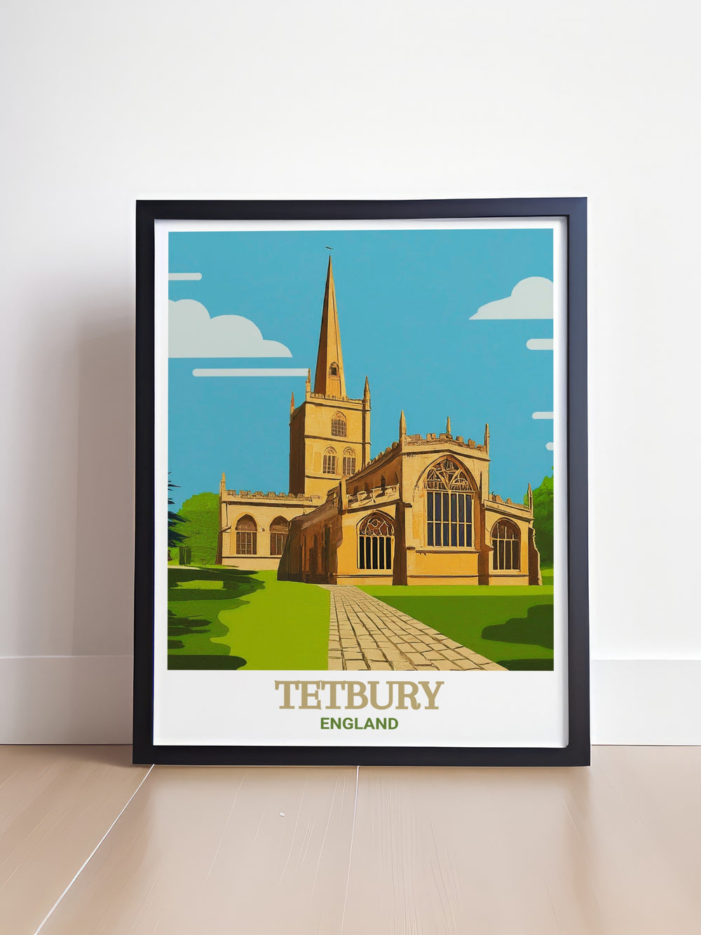 Experience the spiritual and historical atmosphere of Tetburys iconic church through this travel poster, highlighting its stunning architecture and peaceful surroundings.