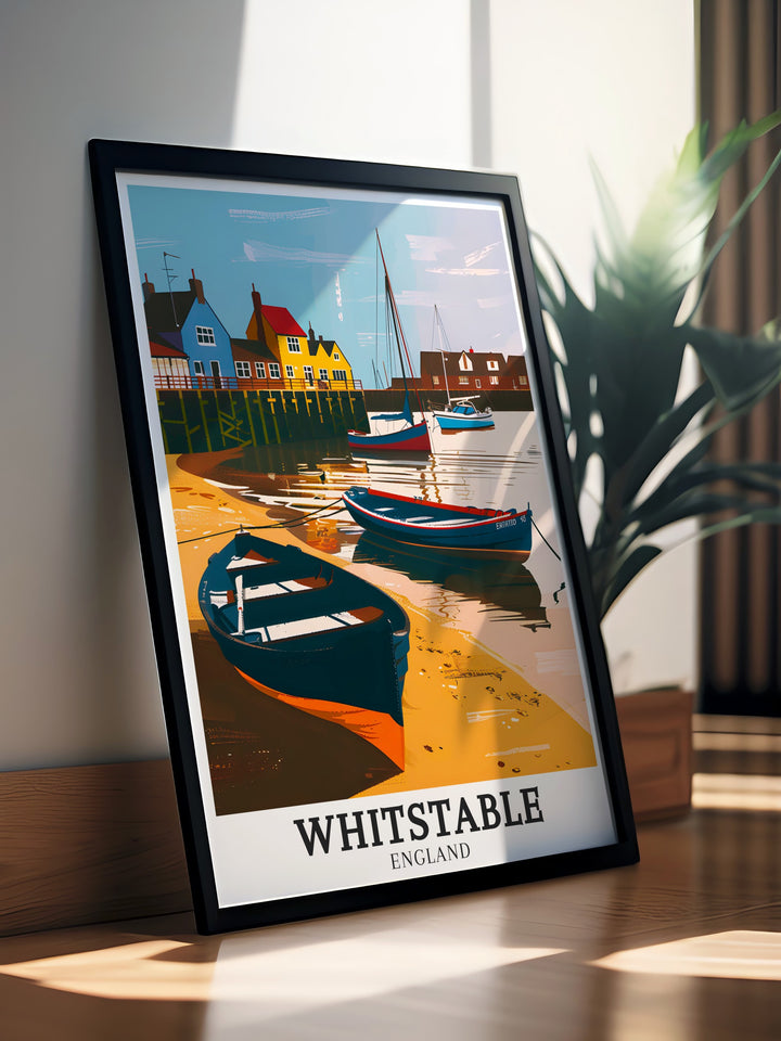 Whitstable Harbour wall decor featuring a detailed illustration of the harbour and its surroundings. This print captures the essence of a day at Whitstable Harbour, making it a perfect gift for anyone who loves the seaside.