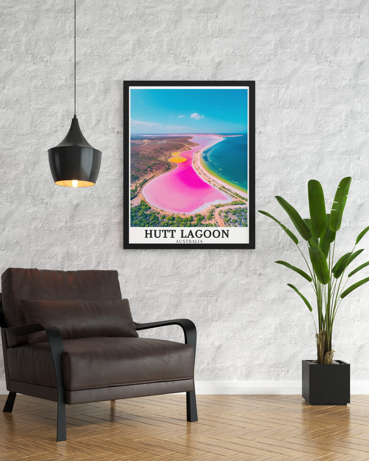 Bring the magic of Australias Pink lake Kalbarri into your home with this Hutt Lagoon Art The vibrant hues and serene landscape make this Australia Wall Decor a stunning piece that enhances any room with a touch of exotic beauty and natural elegance