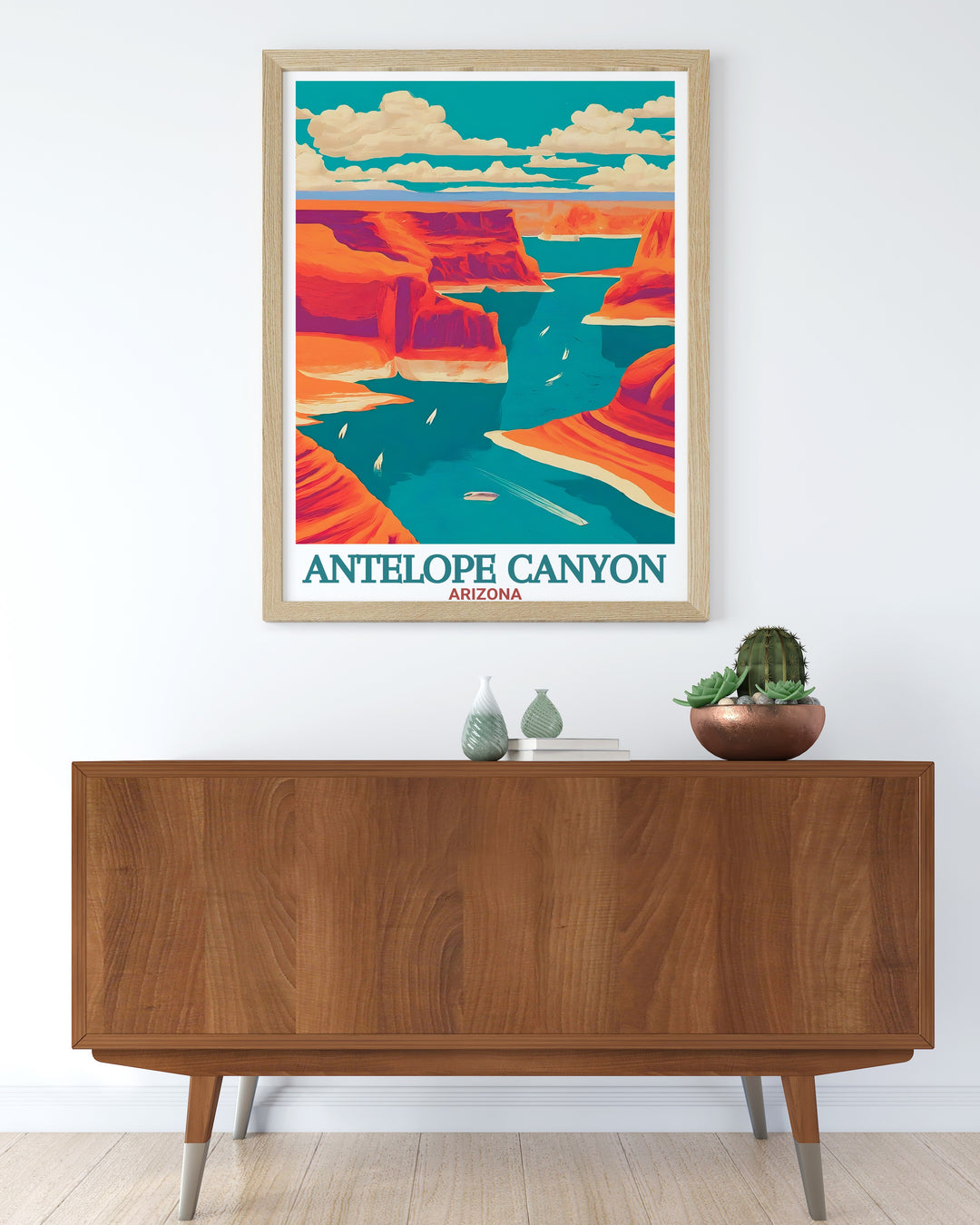 Arizona travel art highlighting the impressive scenery of Lake Powell with its vibrant colors and serene waters perfect for enhancing any room with a piece of the American Southwest.