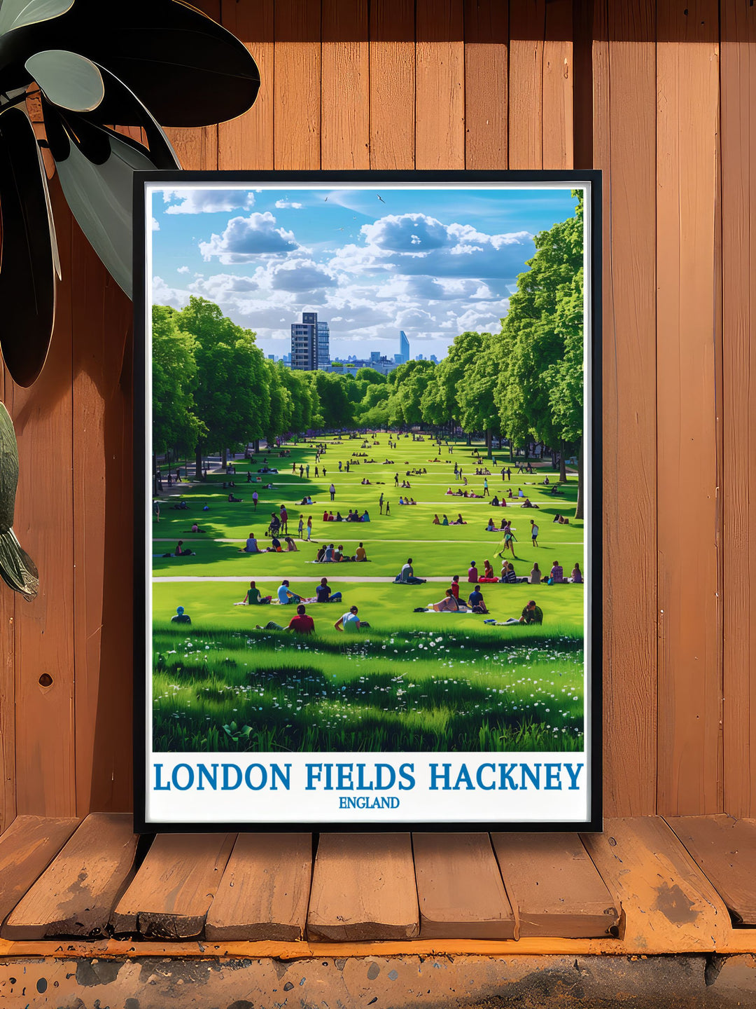 This art print highlights the picturesque scenery of London Fields Hackney, with its tree lined paths and recreational areas, making it a perfect addition to your urban park art collection.