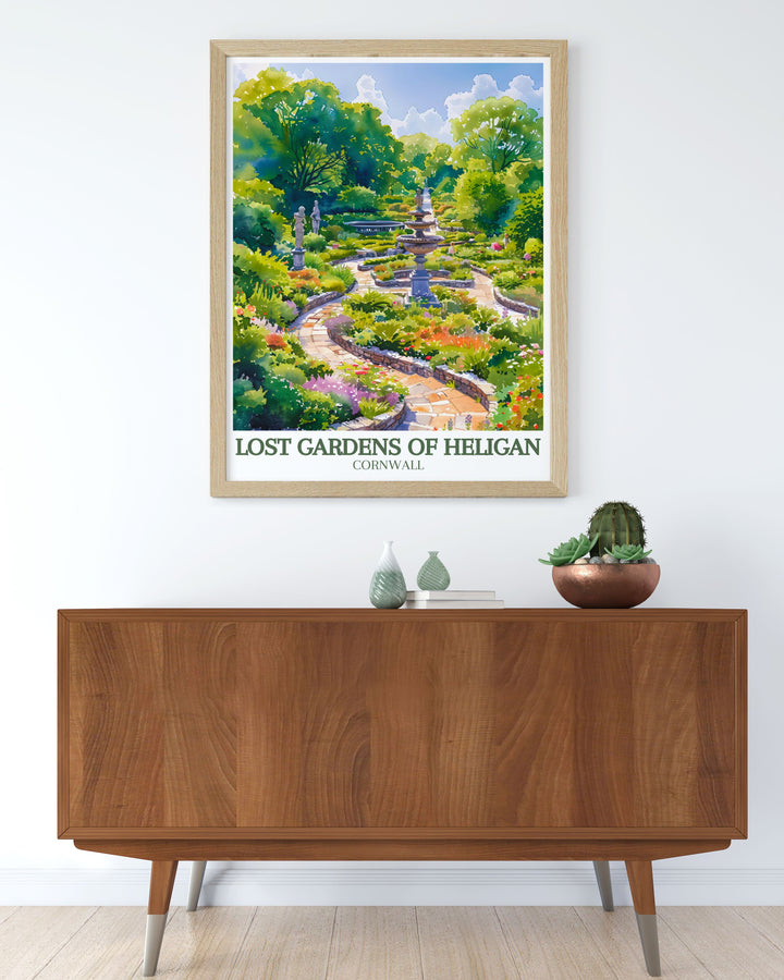 Charming Mevagissey Poster capturing the essence of Cornwalls picturesque fishing village along with Italian garden Productive gardens ideal for coastal home decor enthusiasts