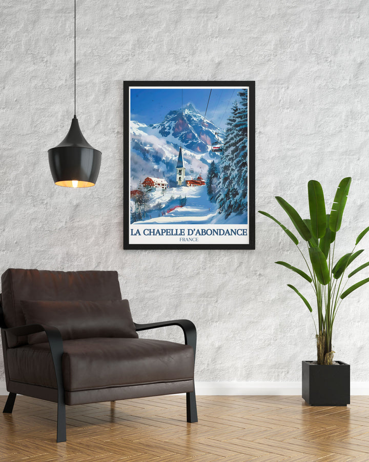 Retro Ski Poster highlighting the breathtaking scenery of Saint Maurice and Val d Abondance this piece is perfect for creating a nostalgic yet modern atmosphere in any room