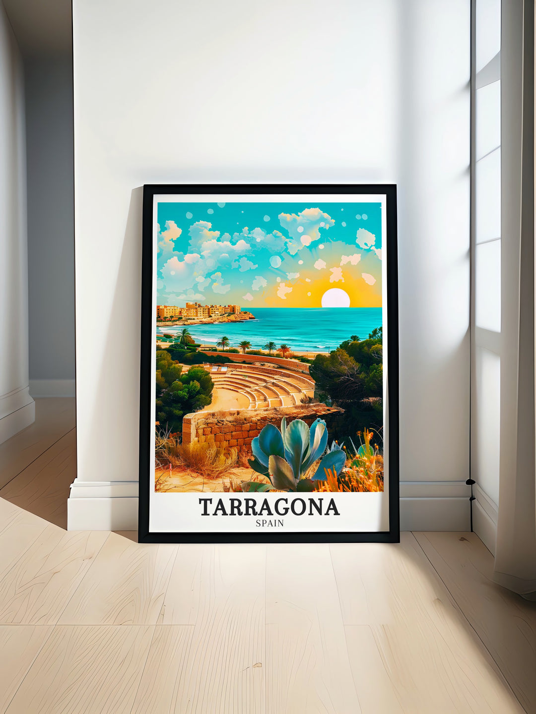 Tarragona Spain Travel Poster showcasing the Roman Amphitheatre and Balco del Mediterrani. This artwork highlights Tarragonas rich history and Mediterranean charm in a stunning display of Spain Wall Art.