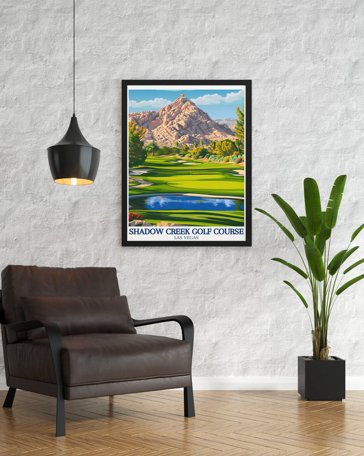 This framed art features Shadow Creek Golf Course, set against the serene backdrop of the Nevada desert in Clark County. The golf artwork captures the essence of this luxury course, making it an ideal piece for any golf lovers wall decor.