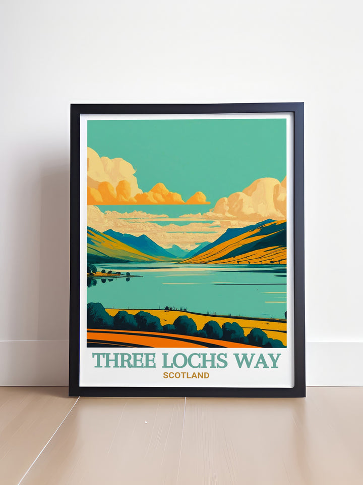 This beautiful Three Lochs Way poster print captures the essence of Scotlands scenic hiking trail, showcasing the natural beauty of Loch Long and its surrounding hills. Perfect for nature lovers and adventure seekers, this art print brings the serene landscape of Scotland into your home.