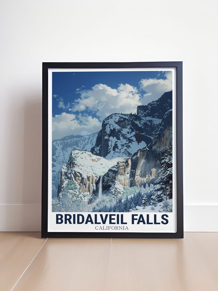 Exquisite View from winter Bridalveil Falls artwork highlighting the iconic waterfall in Yosemite National Park. Perfect for California decor enthusiasts and nature lovers this California print makes a stunning addition to any room or a thoughtful gift for art lovers.