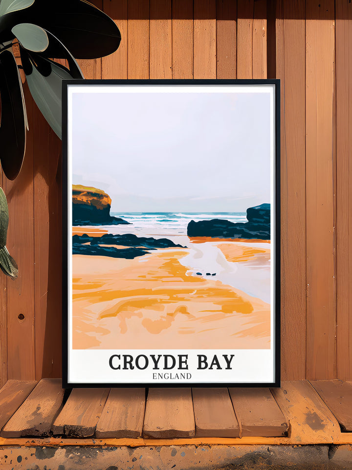 Bring the natural beauty of North Devons coastline into your home with this Croyde Bay travel print. With its focus on the golden sands of Croyde and the rugged cliffs of Downend Point, this print offers a calming yet adventurous touch to any decor.