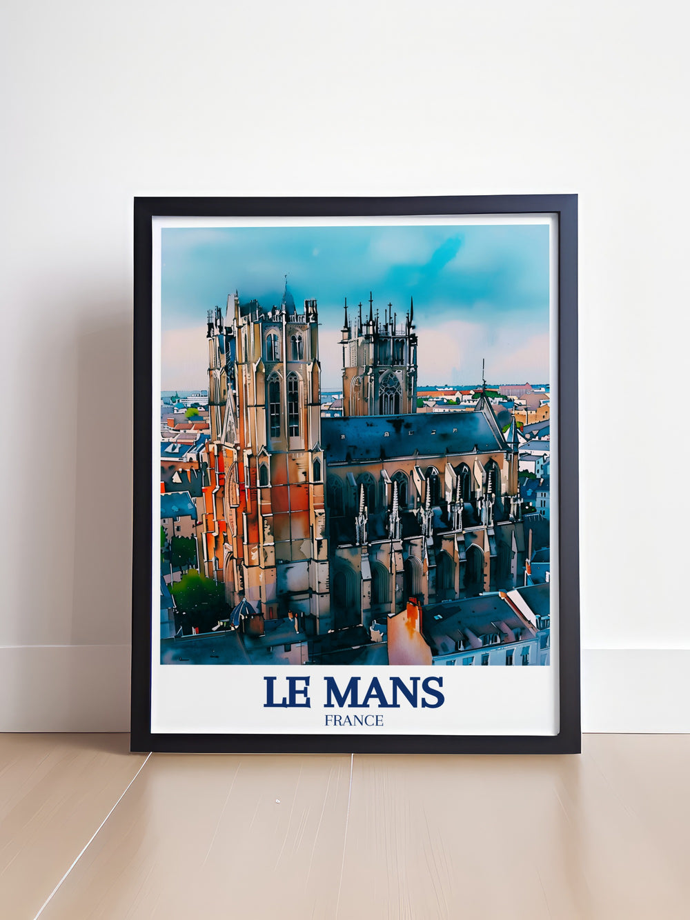 Le Mans Historic Centre Poster Print bringing to life the rich history of this medieval French city. Featuring detailed depictions of ancient churches, half timbered houses, and cobblestone streets, this print is perfect for history enthusiasts and art lovers. Enhance your home decor with a piece that captures the essence of Frances cultural heritage.