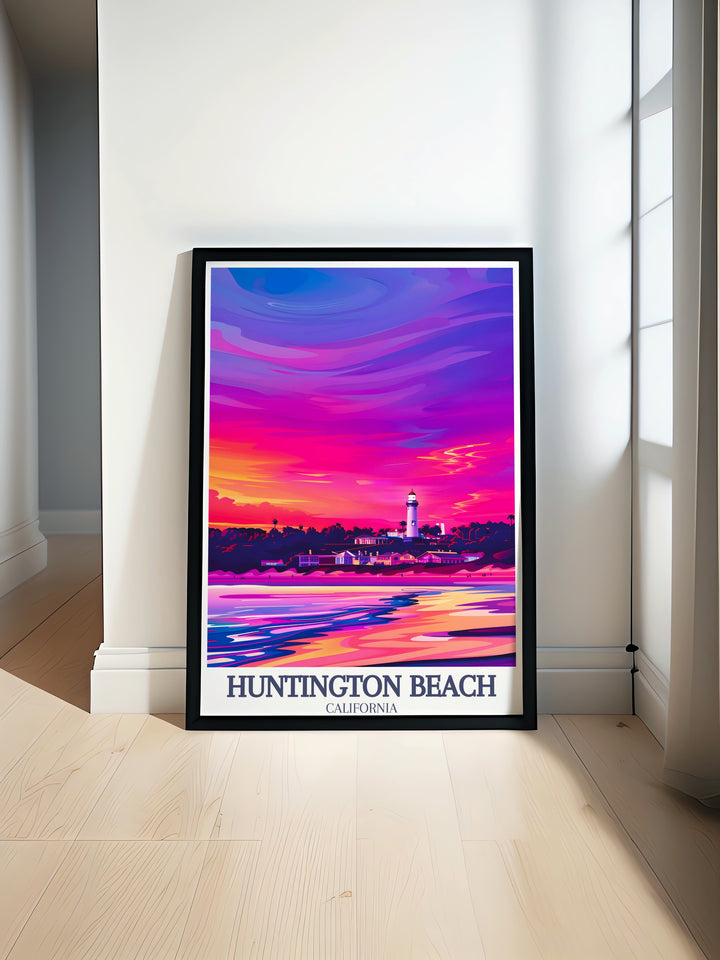 Bring the calm beauty of Huntington State Beach into your home with this Huntington Beach travel poster. Featuring the beloved Huntington Beach Lighthouse, this art print is perfect for beach enthusiasts and lovers of California art.