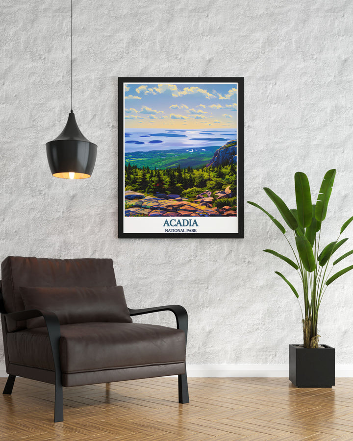 Beautifully detailed Cadillac Mountain artwork from Acadia National Park ideal for adding a unique and elegant touch to your home or office decor perfect gift for nature lovers and fans of vintage travel posters.
