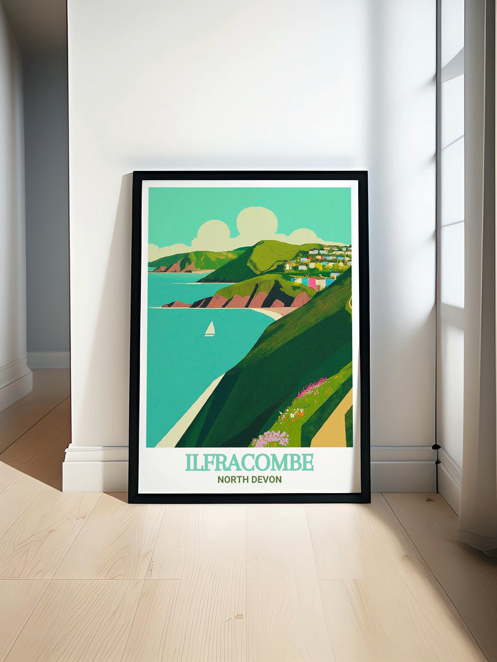 A travel poster of Ilfracombe, highlighting the scenic beauty of North Devon and the South West Coast Path. This artwork brings the calming presence of the seaside into your home.