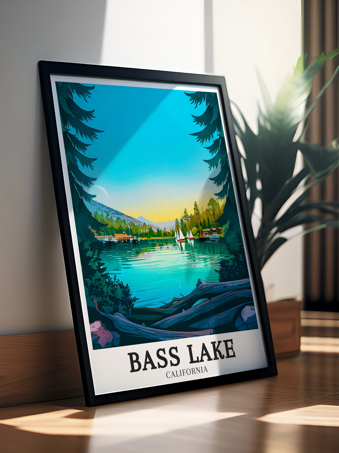 Bring the tranquility of Bass Lake California into your home with this retro travel poster depicting The Pines Resort Sierra Nevada Mountains an ideal decor piece for those who cherish Yosemite California and the great outdoors.