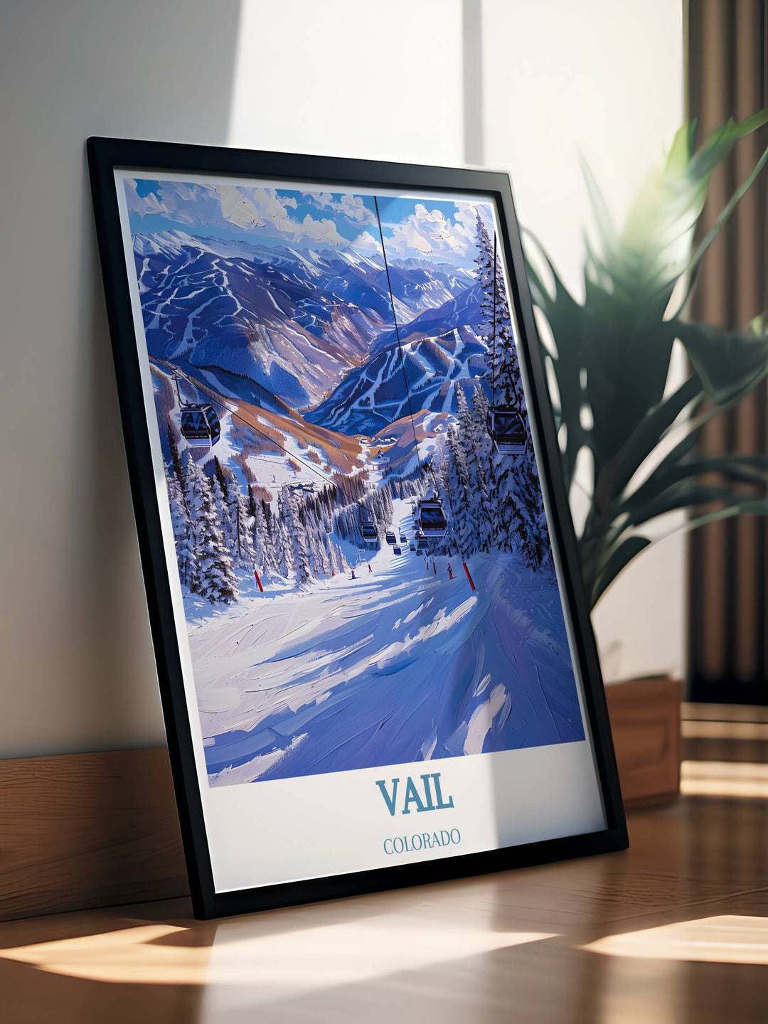 Colorado travel poster showcasing Vail Ski Resort, a bucket list destination for skiing enthusiasts. Captures the excitement and beauty of the resort, inspiring dreams of winter adventures.