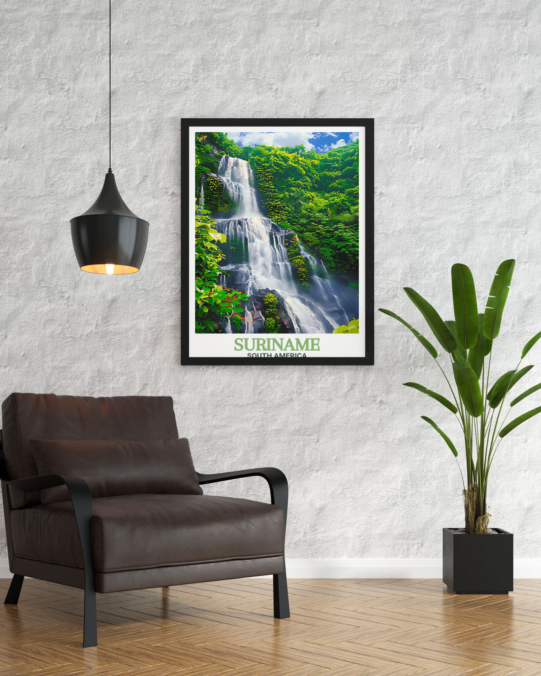 Travel Poster Print of Suriname with a focus on Paramaribo and Brownsberg Nature Park. Elegant and sophisticated wall art that brings a touch of Surinames culture and nature to your home.