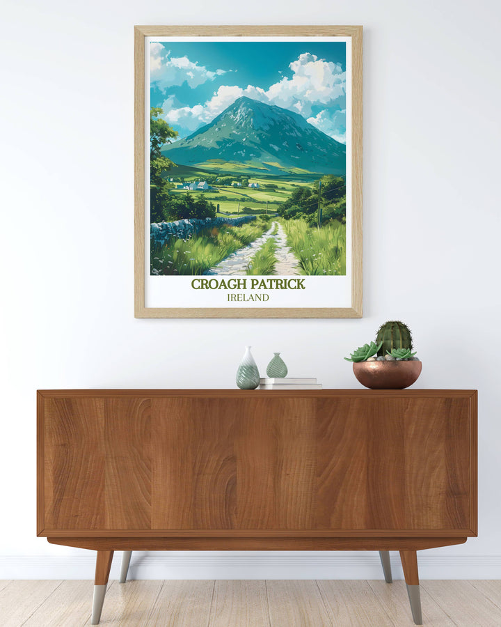 A vintage travel print showcasing the beauty of Tochar Phadraig and Croagh Patrick in County Mayo Ireland. This framed print highlights the serene landscapes and spiritual history making it a wonderful addition to any travel inspired decor.