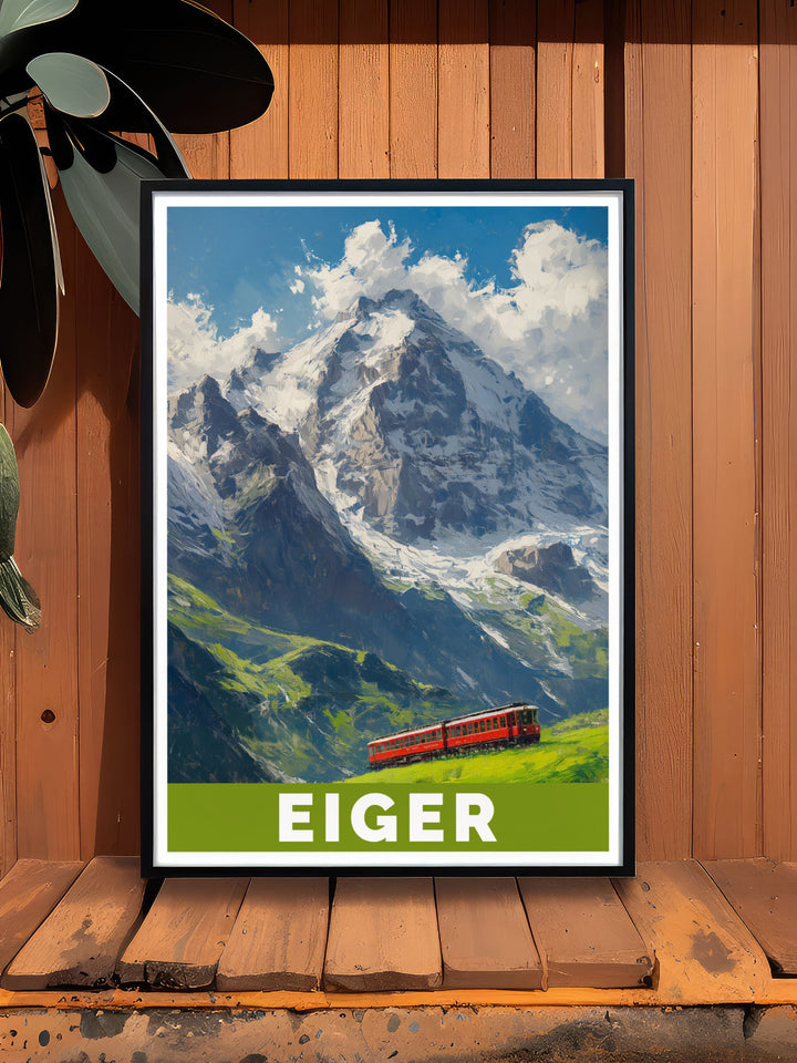 Breathtaking Eiger vintage print highlighting the dramatic cliffs and scenic beauty of one of Switzerlands most famous mountains perfect for adding a sense of adventure and natural wonder to any room in your home or office.