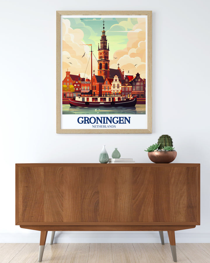 Groningen travel print highlighting the serene and historic landscapes of Groningen, Netherlands. This print is perfect for those who appreciate the beauty of European cities and want to bring a piece of the Netherlands rich history into their home.