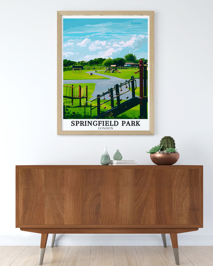 Stunning vintage travel print of Springfield Fun Park London Borough ideal for anyone who loves East Londons parks this artwork highlights the lush greenery and peaceful waterways of Hackney perfect for modern or classic home decor.