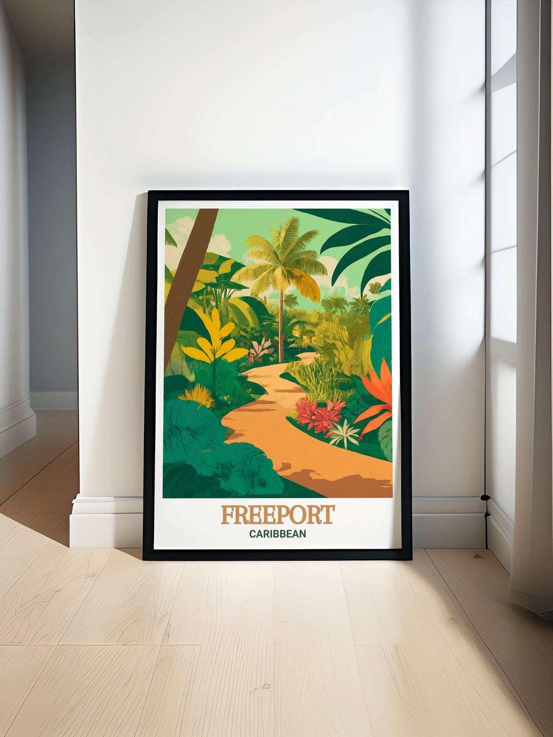 The vibrant culture of Freeport and the tranquil beauty of the Garden of the Groves are beautifully illustrated in this travel poster, offering a visual journey through the Caribbeans most picturesque landscapes, ideal for enhancing any wall art collection.